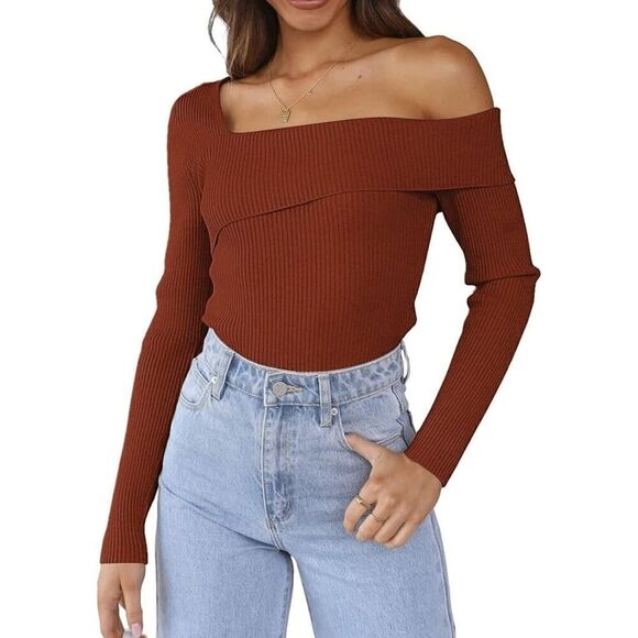 Anrabess Womens Off Shoulder Pullover Long Sleeve Sweater Size XL Color Brown - Picture 1 of 8